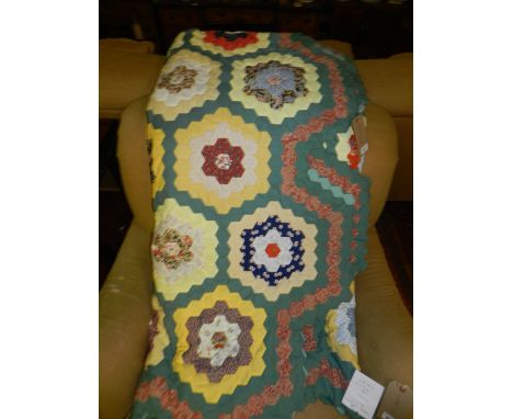 A large hand stitched patch work quilt. 274cm x 274cm 