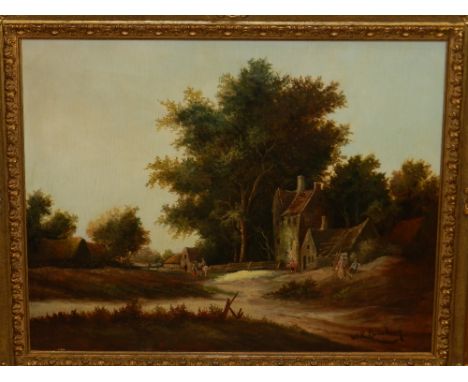 W.R.Lansberg (20th century Dutch School), a pastoral landscape study of cottages on a country lane with figures to the foregr
