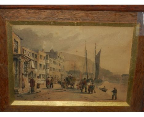 19th century British school, harbour scene with figures to foreground, unsigned, watercolour on paper H.17cm W.23cm, together
