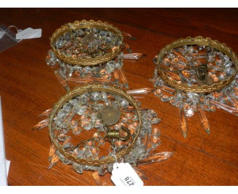 Two cut glass light fittings of spherical form and metal mount, together with three hanging decorative chandeliers, having ha