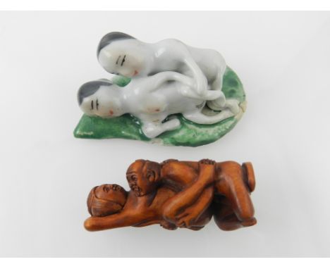 A Chinese carved hardwood erotic netsuke, together with a Chinese soft paste porcelain erotic figural study. 