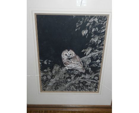 20th century Continental school. Study of an owl perched on a branch, lithograph on paper, signed and dated lower left. H: 36
