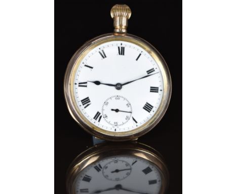 Unnamed gold plated keyless winding open faced pocket watch with subsidiary seconds dial, blued hands, black Roman numerals, 