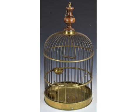 Vintage brass bird cage with turned wooden finial, feeders and hanging perch, H60, diameter 31cm