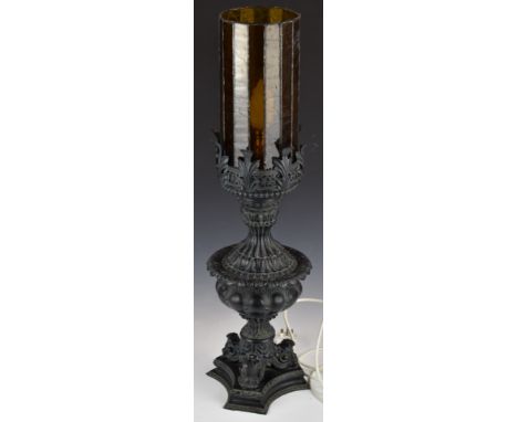 Heavy bronzed Royalcore style metal table lamp with yellow glass shade, H80cm