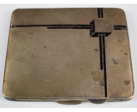 Art Deco hallmarked silver cigarette case, with geometric black enamel decoration, Birmingham 1933, maker&nbsp;Joseph Gloster