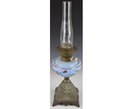 19thC oil lamp with English Duplex burners and blue glass reservoir, H55cm