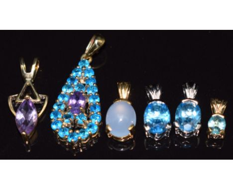 Six 9ct gold pendants, set with moonstone, amethyst and apatite, 8g