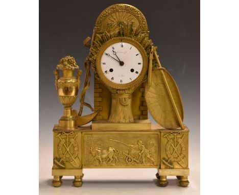 Brass figural 19thC French mantel clock mounted with farming related items, the enamelled Roman dial with Breguet style hands