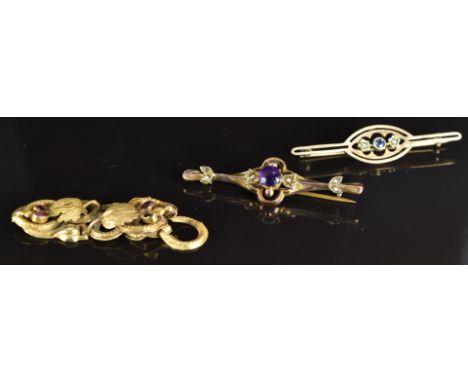 Two Edwardian 9ct gold brooches set with an amethyst and seed pearls (4.8g) and a section of an Etruscan revival Victorian br