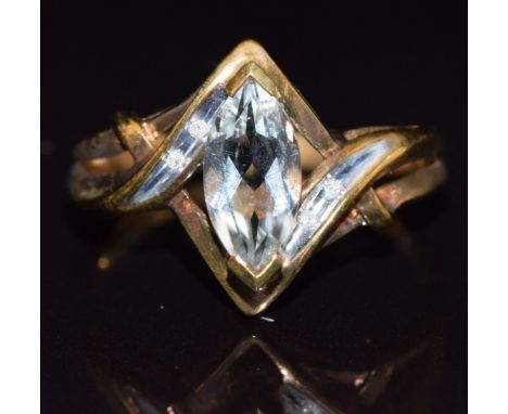 A 9k gold ring set with green amethyst and diamonds, size N, 2.6g