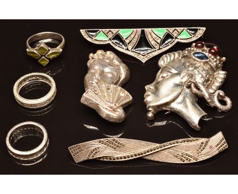 Alexander Korda brooch, silver Art Deco brooch set with enamel and marcasite, silver and marcasite brooch and three silver ri