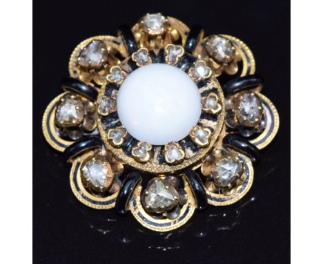 Victorian brooch/ pendant set with an opal cabochon, rose cut diamonds and black enamel, 13.4g&nbsp;