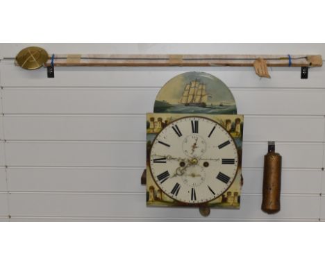 19thC Andrew Mackie Fraserburgh long case clock movement, dial, weight and pendulum, the painted Roman dial with ship to arch