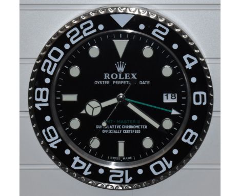 Rolex Oyster Perpetual GMT-Master II shop display or advertising wall clock with black dial, luminous hands and markers, date