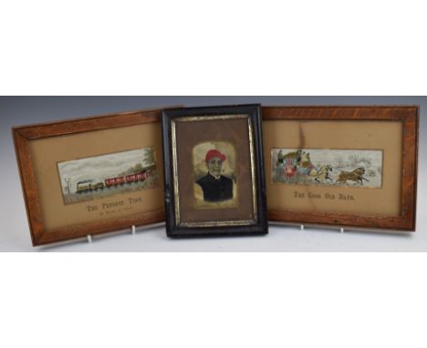 Three framed silk Stevengraph or similar silk pictures, comprising The Good Old Days (coach and horses), The Present Time (ra