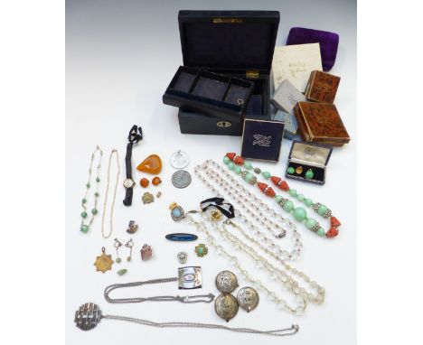 A collection of costume jewellery including silver brooch, Art Deco beaded necklace, 9ct gold J.W.Benson watch, Art Deco 9ct 