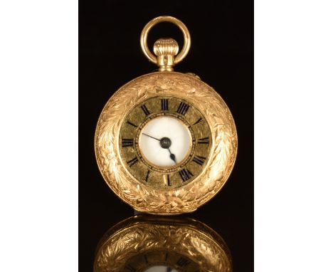 Unnamed 18ct gold keyless winding half hunter pocket watch with blued hands, Roman numerals, white enamel dial, inlaid blue e