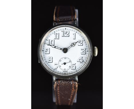 Unnamed silver military style gentleman's wristwatch with inset subsidiary seconds dial, skeleton hands and Arabic numerals, 