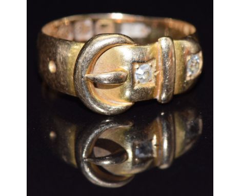 Victorian 18ct gold&nbsp;buckle ring set with two old cut diamonds, Birmingham 1878, size H/I, 3g