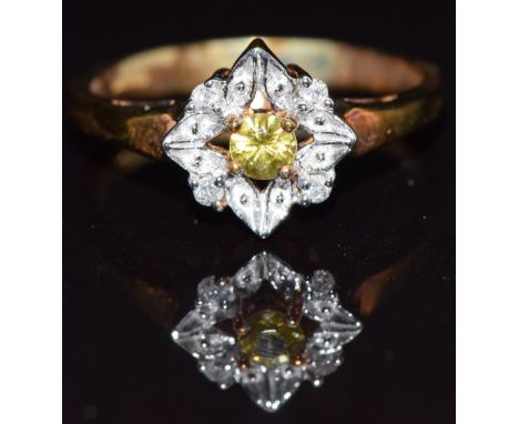 A 9k gold ring set with demantoid garnet and diamonds, size M, 2.8g