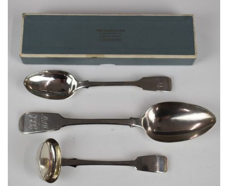Victorian hallmarked silver fiddle pattern tablespoon, dessert spoon and ladle, London 1847, maker Samuel Hayne and Dudley Ca