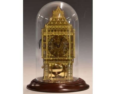 Hermle skeleton clock in the form of Big Ben, with passing strike on the hour and mechanical movement, under glass dome, H25c