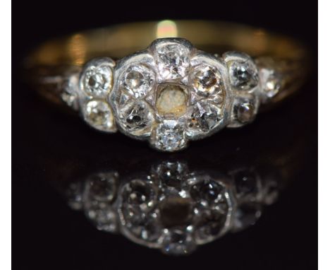 Georgian yellow metal&nbsp;morning ring set with old cut diamonds, verso a hollow compartment and engraved to inner band 'Eli