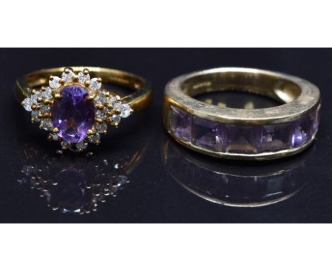 Two 9ct gold rings, one set with amethyst and diamonds the other with amethysts, size N, 8.2g&nbsp;