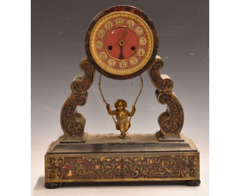 19thC Brevette boulle work drum cased mantel clock with gilt swinging cherub pendulum, for restoration, H33cm
