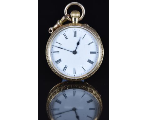 Unnamed 18ct gold keyless winding open faced pocket watch with blued hands, black Roman numerals, white enamel dial, engraved