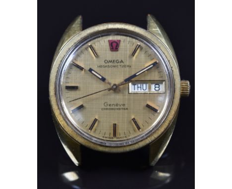 Omega Megasonic 720 Hz gentleman's chronometer wristwatch ref. ST 1980066 with day and date aperture, luminous hands, two-ton