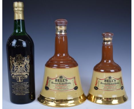 Harveys Bristol Sherries 1373-1973 commemorative bottle together with two Bells Blended Scotch Whisky bells, 37.5cl, 40% vol