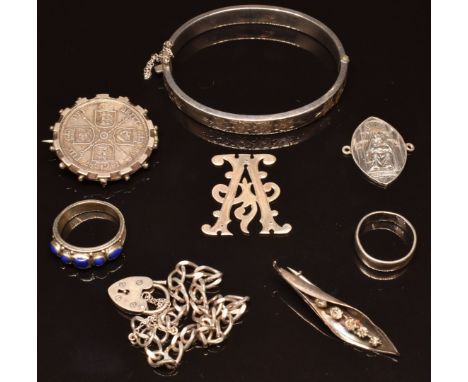 Silver bangle with engraved flowers, silver ring, silver coin, bracelet etc