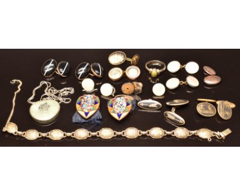 A pair of Victorian cufflinks set with banded agate, Japanese cufflinks, mother of pearl cufflinks, etc