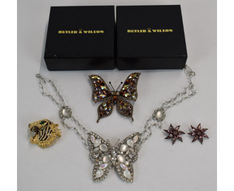 Four Butler and Wilson pieces comprising butterfly necklace, tiger brooch with enamel decoration, flower earrings and butterf