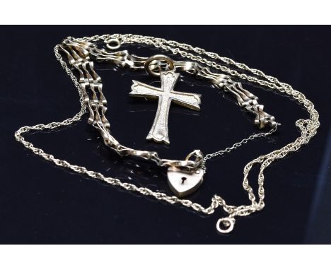 A 9ct gold gate bracelet, 9ct gold cross and 9ct gold chain, 8.3g&nbsp;