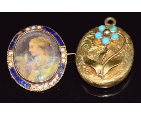 A yellow metal pendant/ locket set with turquoise cabochons and a Victorian brooch set with a miniature and enamel