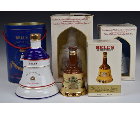 Four Bell's Scotch Whisky bell decanters, three commemorating Royal events, all boxed