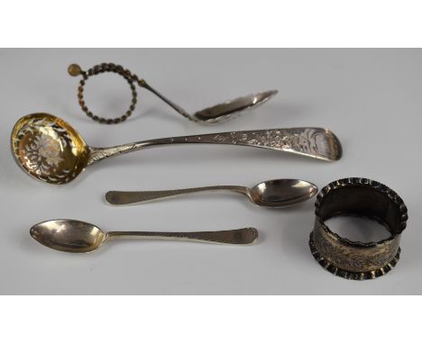 Hallmarked silver cutlery comprising Georgian sifter ladle, London 1799 and two tea or coffee spoons, hallmarked silver napki