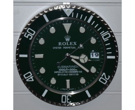 Rolex Oyster Perpetual Date Submariner shop display or advertising wall clock with date aperture, green dial and bezel, case 