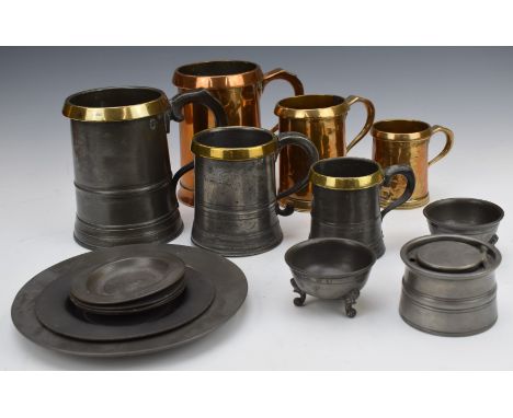 A collection of mostly Victorian brass, copper and pewter tankards, salts, plates, inkwell etc, tallest 16cm