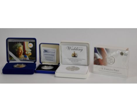 Four Royal Mint silver coins to include Millennium silver £5, Royal Wedding 2011 silver £5, Golden Jubilee 2002 silver £5 and