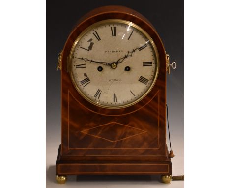 Late Georgian mantel clock by Hardeman of Bridge (makers 1749-1839) in flame&nbsp;mahogany arch top case with string inlay, t