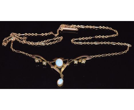 Art Nouveau 9ct gold necklace set with two oval opal cabochons and seed pearls, 4.1g