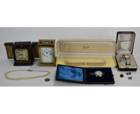 A collection of jewellery including silver fob watch, faux pearls, clocks etc