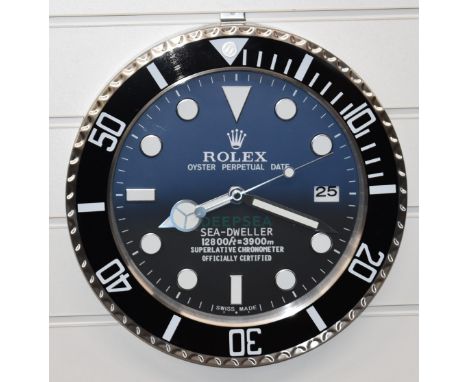 Rolex Oyster Perpetual Date Deepsea Sea-Dweller shop display or advertising wall clock with date aperture, graduated blue to 
