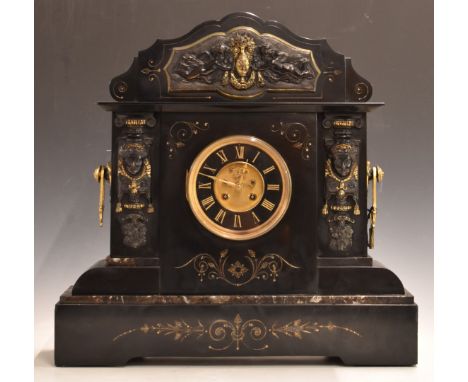 French marble cased&nbsp;mantel clock with classical figures to either side, cherubs, Grecian vase and swags above, Roman dia