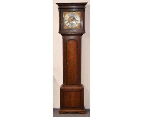 Jo Sill / Richard Sill George III oak eight day longcase clock, the square brass dial with silver Roman chapter ring, day and