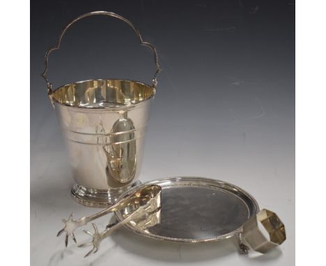 Silver plated card tray, diameter 18cm, ice pail and nips and a hallmarked silver napkin ring, weight 26g